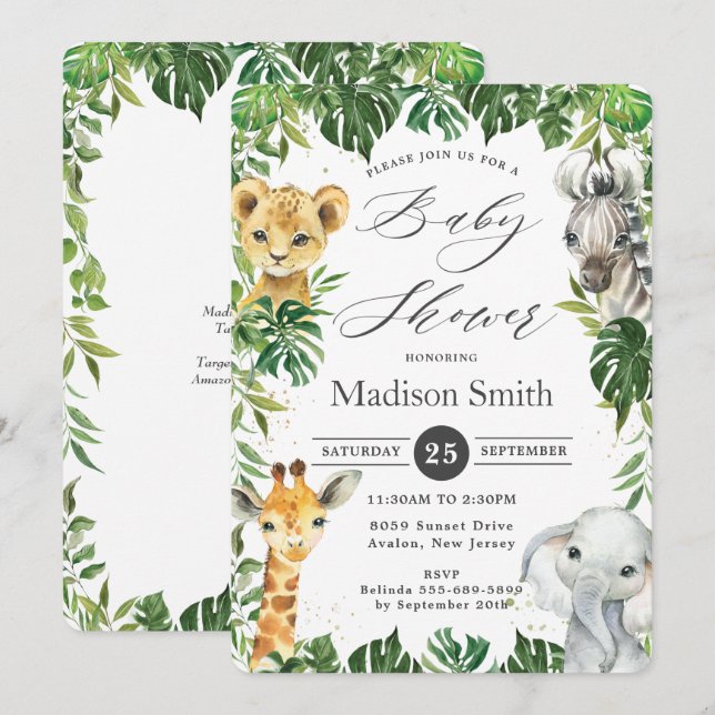 Chic Jungle Animals Greenery Safari Baby Shower Inbjudningar (Fram/baksida)