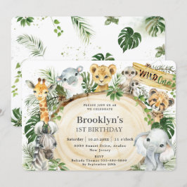 Chic Jungle Animals Greenery Vild 1:a födelsedag Inbjudningar