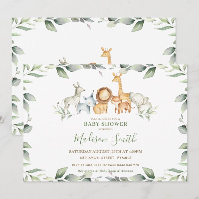 Chic Jungle Animals Pastel Greenery Baby Shower Inbjudningar (Fram/baksida)