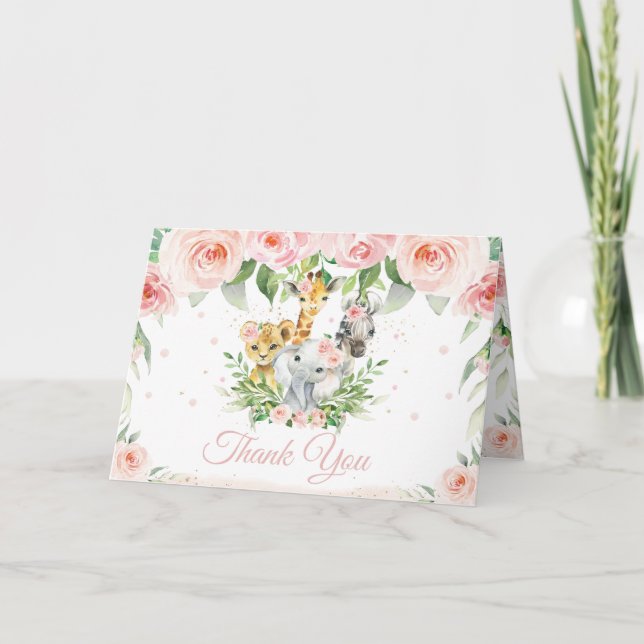 Chic Jungle Animals  Rosa Blommigt Baby Shower Tack Kort (Framsida)