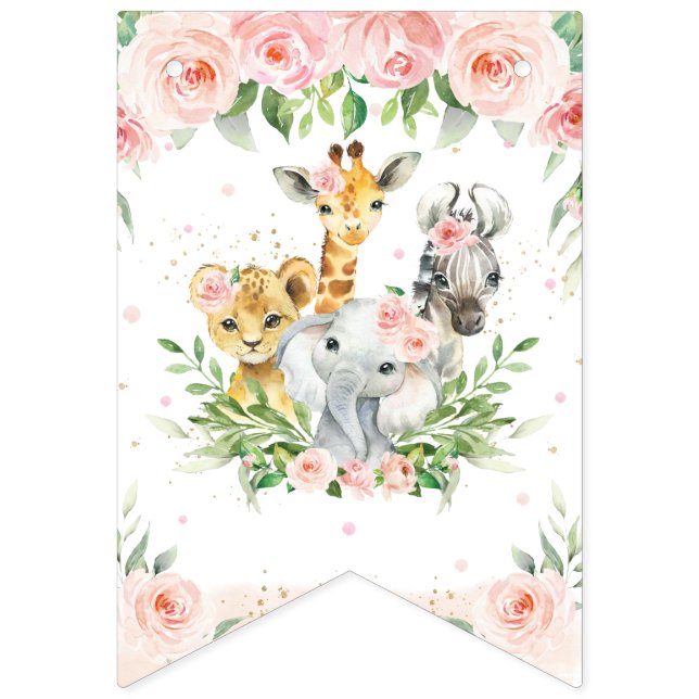 Chic Jungle Animals  Rosa Blommigt Baby Shower Vimplar (Sextonde flaggan)