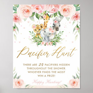 Chic Jungle Animals Rosa Blommigt Nappar Hunt Game Poster