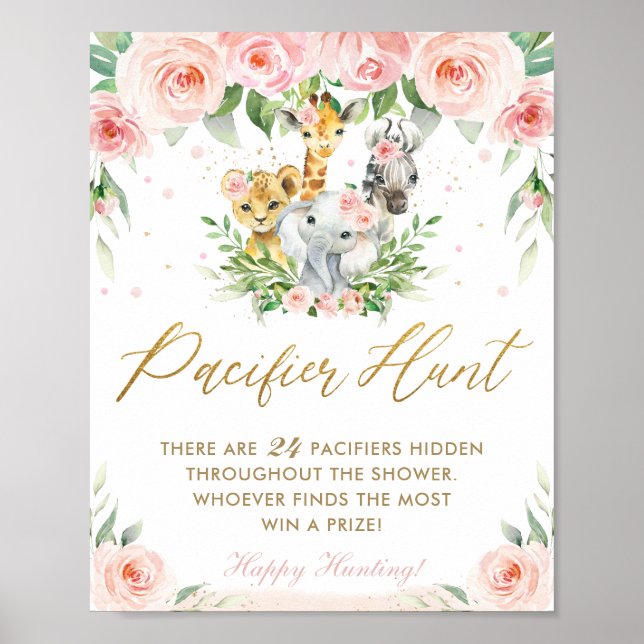 Chic Jungle Animals Rosa Blommigt Nappar Hunt Game Poster (Framsidan)