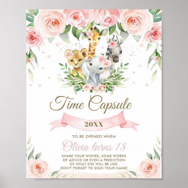 Chic Jungle Animals Rosa Blommigt Time Capsule-tec Poster (Framsidan)