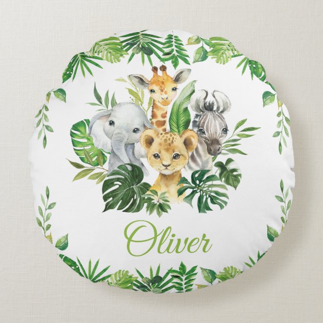 Chic Jungle Animals Safari Greenery Kids Baby Rund Kudde (Framsidan)