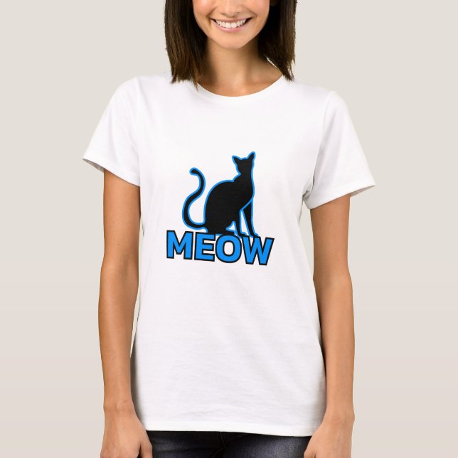 Chic Kattdjur Charm - Blue "MEOW" Cat Silhouette T Shirt (Framsida)