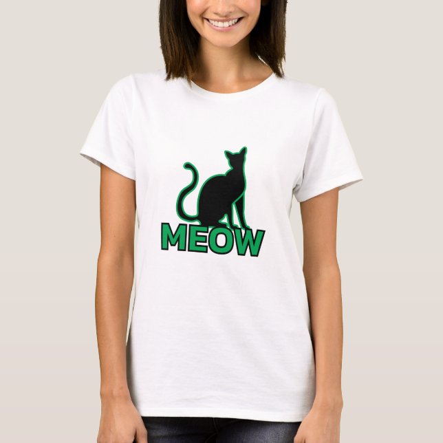 Chic Kattdjur Charm - Grönt "MEOW" Cat Silhouette  T Shirt (Framsida)
