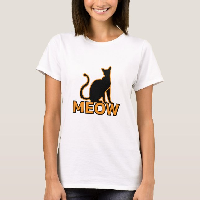 Chic Kattdjur Charm - Orange "MEOW" Cat Silhouette T Shirt (Framsida)