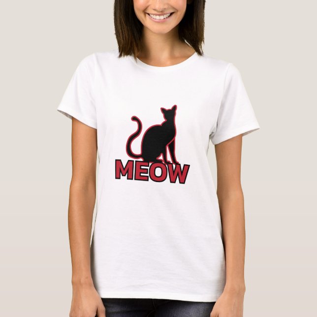 Chic Kattdjur Charm - Red "MEOW" Cat Silhouette T Shirt (Framsida)