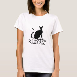 Chic Kattdjur Charm - White "MEOW" Cat Silhouette T Shirt