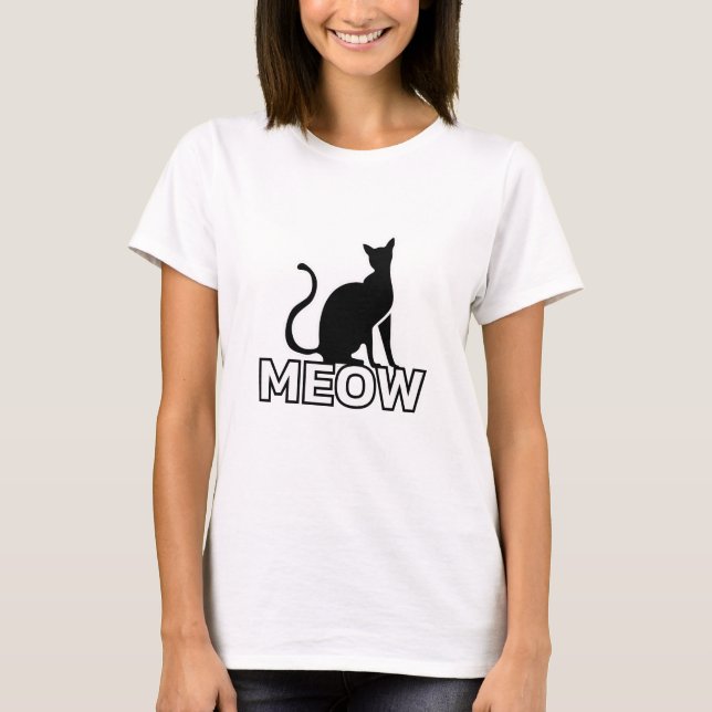 Chic Kattdjur Charm - White "MEOW" Cat Silhouette T Shirt (Framsida)