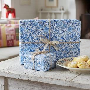 Chic Klassisk Blå Paisley Blommig Konst Inpackning Presentpapper