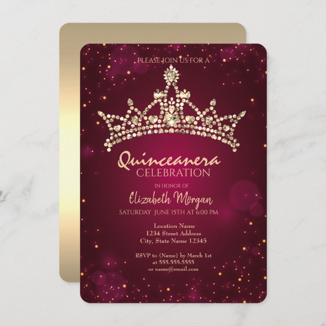Chic Krona Burgundy Quinceañera Inbjudningar (Fram/baksida)