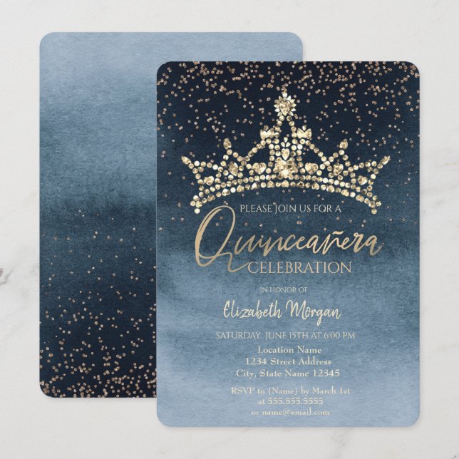Chic Krona Confetti Navy Blue Quinceañera Inbjudningar (Fram/baksida)