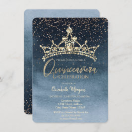 Chic Krona Confetti Navy Blue Quinceañera Inbjudningar