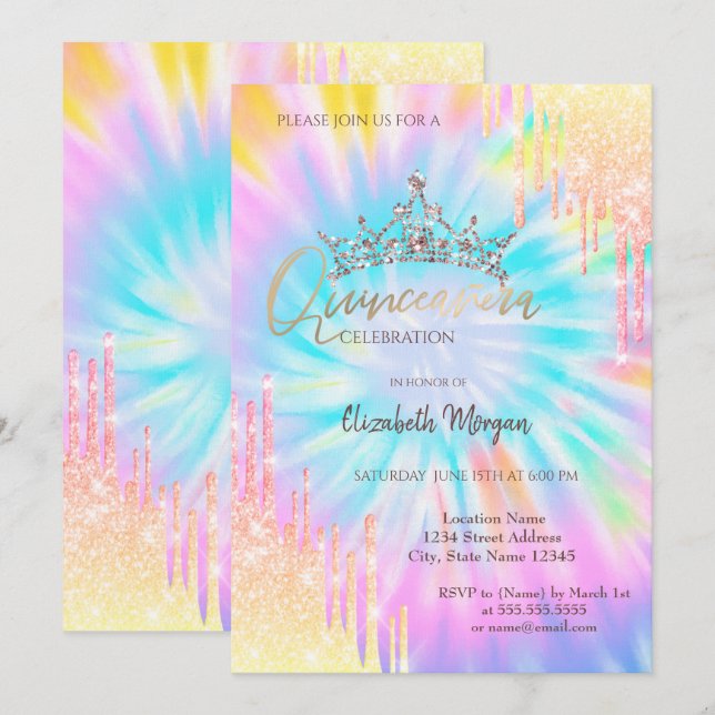 Chic Krona Drop Tie Dye Quinceañera Inbjudningar (Fram/baksida)