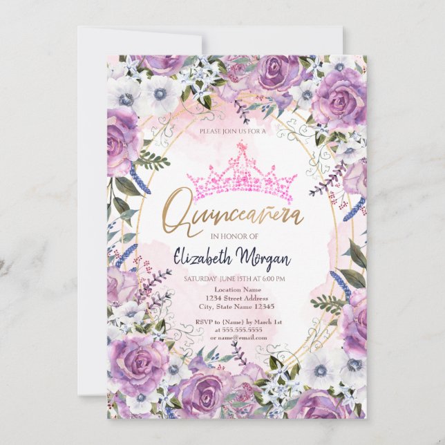 Chic krona violetta blommor Quinceanera Inbjudningar (Framsida)