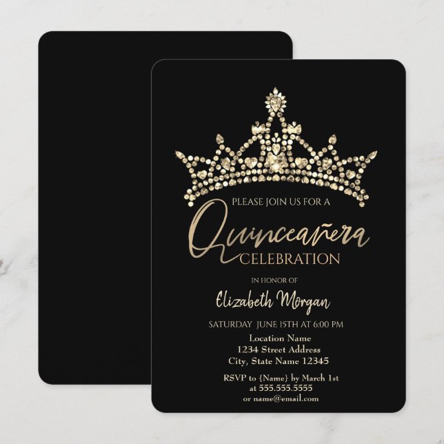 Chic kronkonfetti svart Quinceañera   Inbjudningar (Fram/baksida)