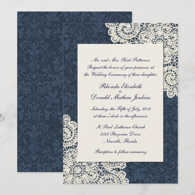 Chic Land Denim Damask och Elfenbenskusten Snöre B Inbjudningar (Fram/baksida)