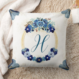 Chic Land Monogram Blue Guld Blommigt Utandning av Kudde