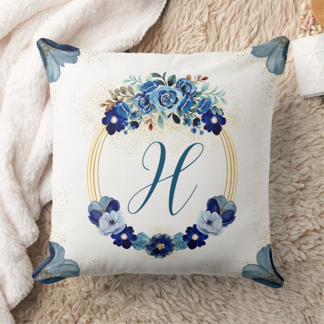 Chic Land Monogram Blue Guld Blommigt Utandning av Kudde (Filt)