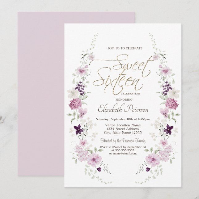 Chic Lavendel Vilda Blommor Sweet 16 Inbjudningar (Fram/baksida)
