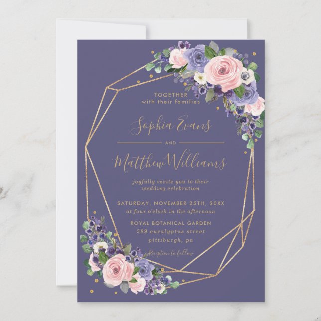 Chic  Lavender Blommigt Guld Geometric Bröllop Inbjudningar (Framsida)