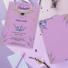 Chic Lavender Blommigt Guld Glitter Studentfest Inbjudningar