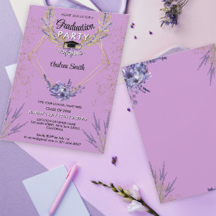 Chic Lavender Blommigt Guld Glitter Studentfest Inbjudningar
