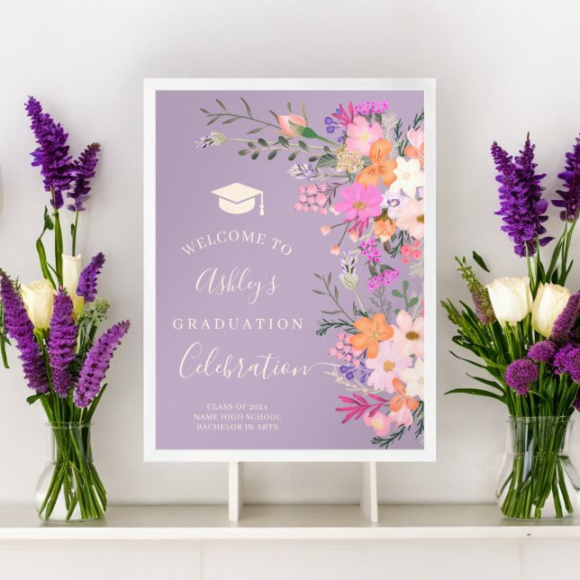 Chic Lavender blommigt vattenfärg studenten välkom Poster (Chic lavender floral watercolor graduation welcome poster)