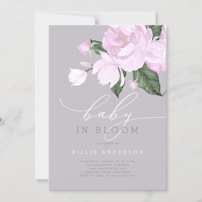 Chic Lavender Grått Blommigt Baby i Bloom Shower Magnetisk Inbjudningskort (Framsida)