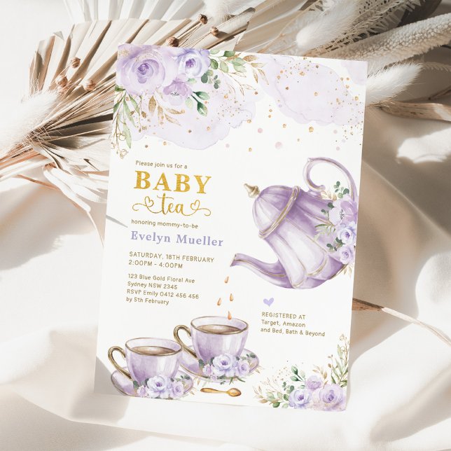 Chic Lavender Guld Blommigt Baby Shower Tea Party Inbjudningar (Skapare uppladdad)