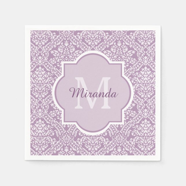 Chic Lavender Lila Damask Monogram med Namn Pappersservett (Framsidan)