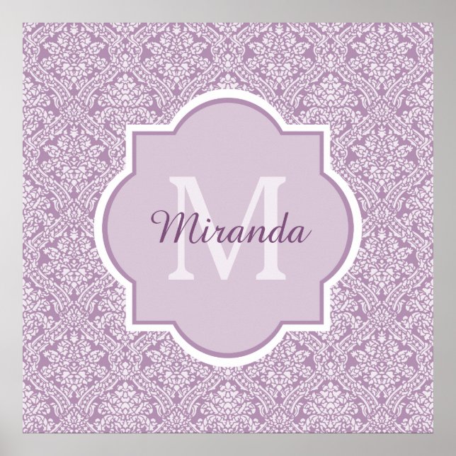 Chic Lavender Lila Damask Monogram med Namn Poster (Framsidan)