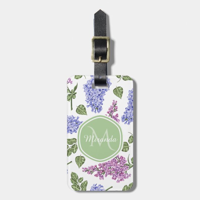Chic Lavender Lilac Blommigt Pastel Grönt Monogram Bagagebricka (Vertikal Framsida)