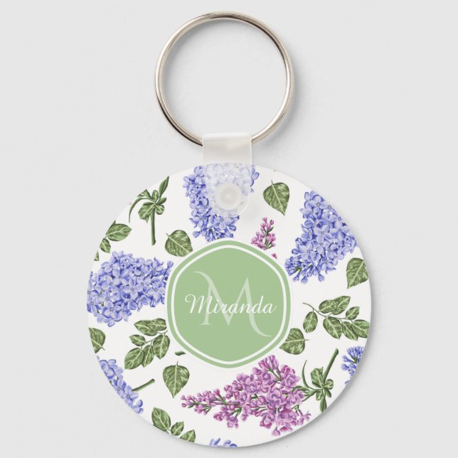Chic Lavender Lilac Blommigt Pastel Grönt Monogram Nyckelring (Framsida)