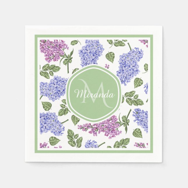 Chic Lavender Lilac Blommigt Pastel Grönt Monogram Pappersservett (Framsidan)