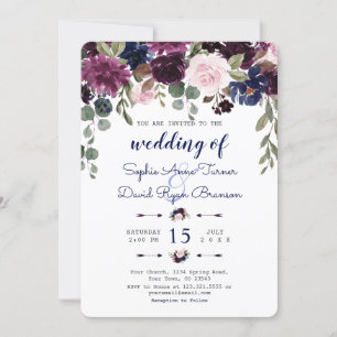 Chic Lavender Navy Blue Blommigt Bloom Bröllop Inbjudningar