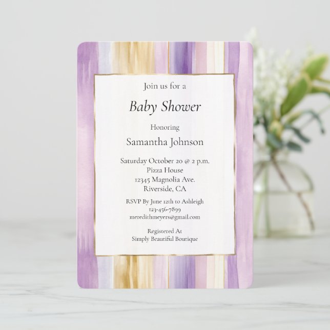 Chic Lavender Purple Gold Stripes Baby Shower Inbjudningar (Stående Fram)