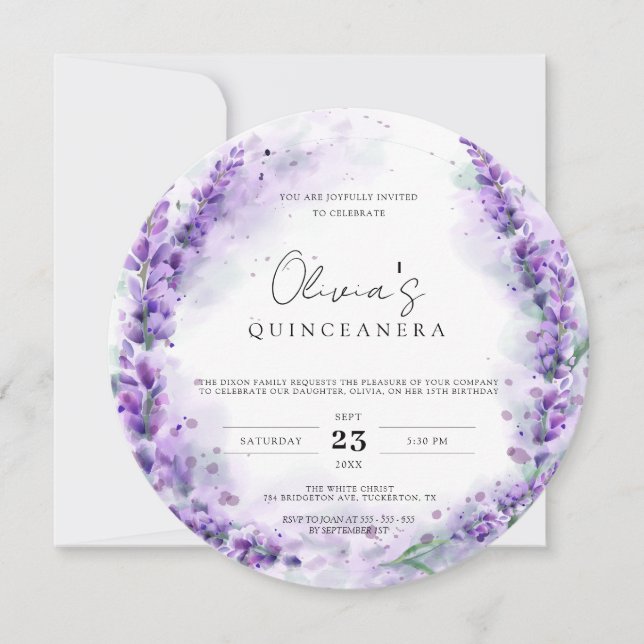 Chic Lavender Watercolor Modern Photo Quinceanera Inbjudningar (Framsida)