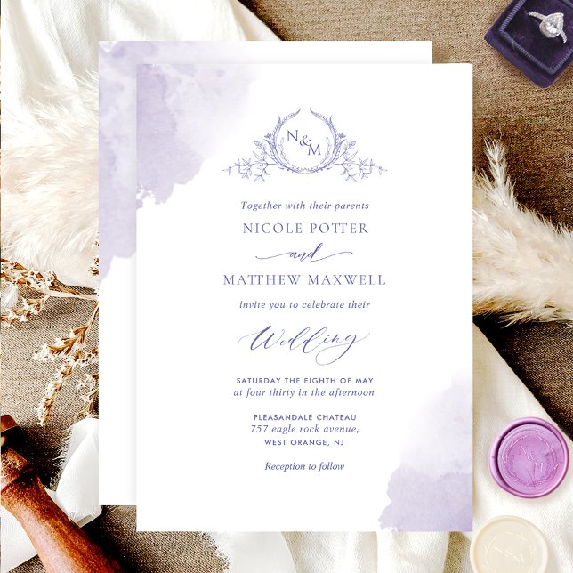Chic Lavender Watercolor Stains, Monogram Bröllop Inbjudningar (Skapare uppladdad)