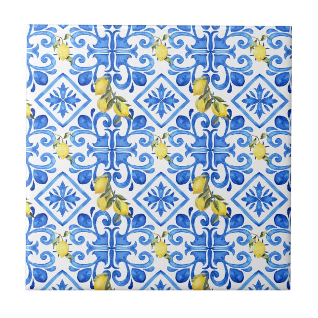 Chic Lemon Blå Medelhavs Gardin Kakelplatta (Framsidan)