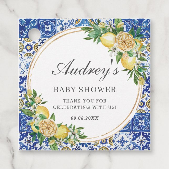 Chic Lemon Blommigt Greenery Baby Shower Tack Gåvor Etiketter (Framsida)
