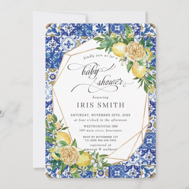 Chic Lemon Blommigt Greenery Geometric Baby Shower Inbjudningar (Framsida)