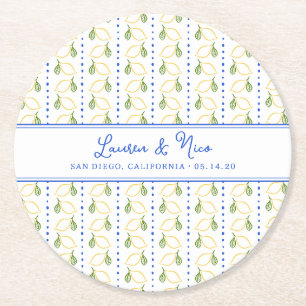 Chic Lemon Citrus Blue & Gult Summer Bröllop Underlägg Papper Rund