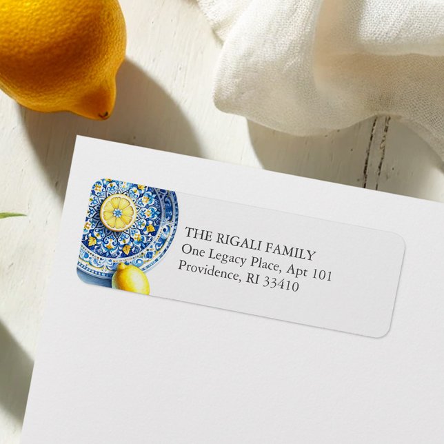Chic Lemon Mediterranean Return-adressetikett Returadress Etikett (Lemon return address labels blue and yellow citrus watercolor)