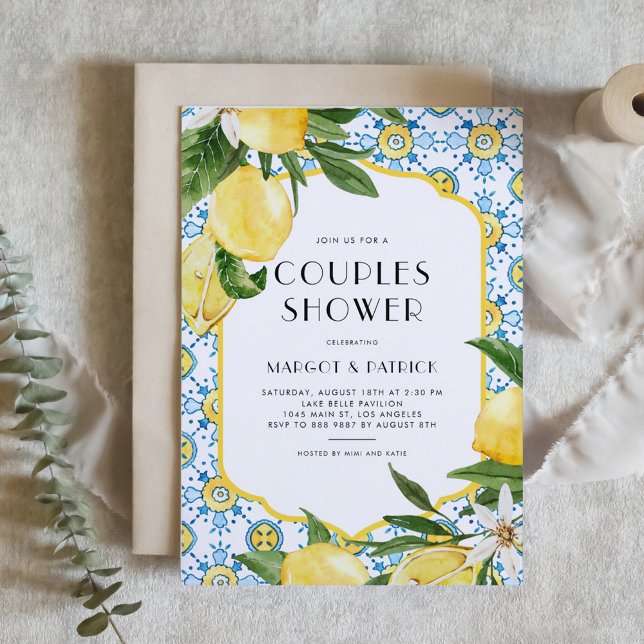 Chic Lemon Mediterranean Summer Par Shower Inbjudningar (Customizable Mediterranean-theme couples shower invitation featuring Moroccan tile and lemon design.)