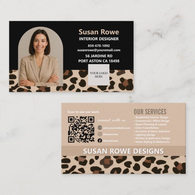 Chic Leopard Black and Beige QR Code Arch Photo Visitkort (Fram/baksida)