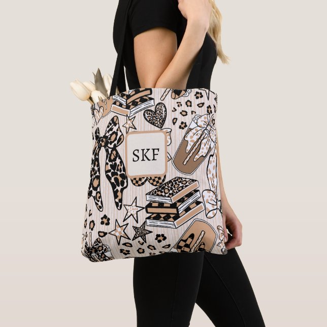 Chic leopard kaffelskare handväskor i jordton tygkasse (Närbild)