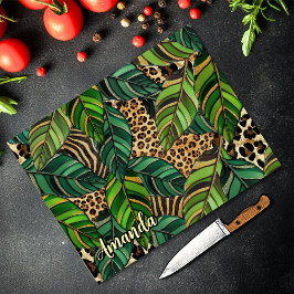 chic leopard print monstera leaves monogram glass